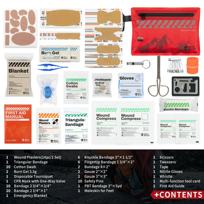 Collection of first aid kit contents including bandages, gauze, and tools on a white background.