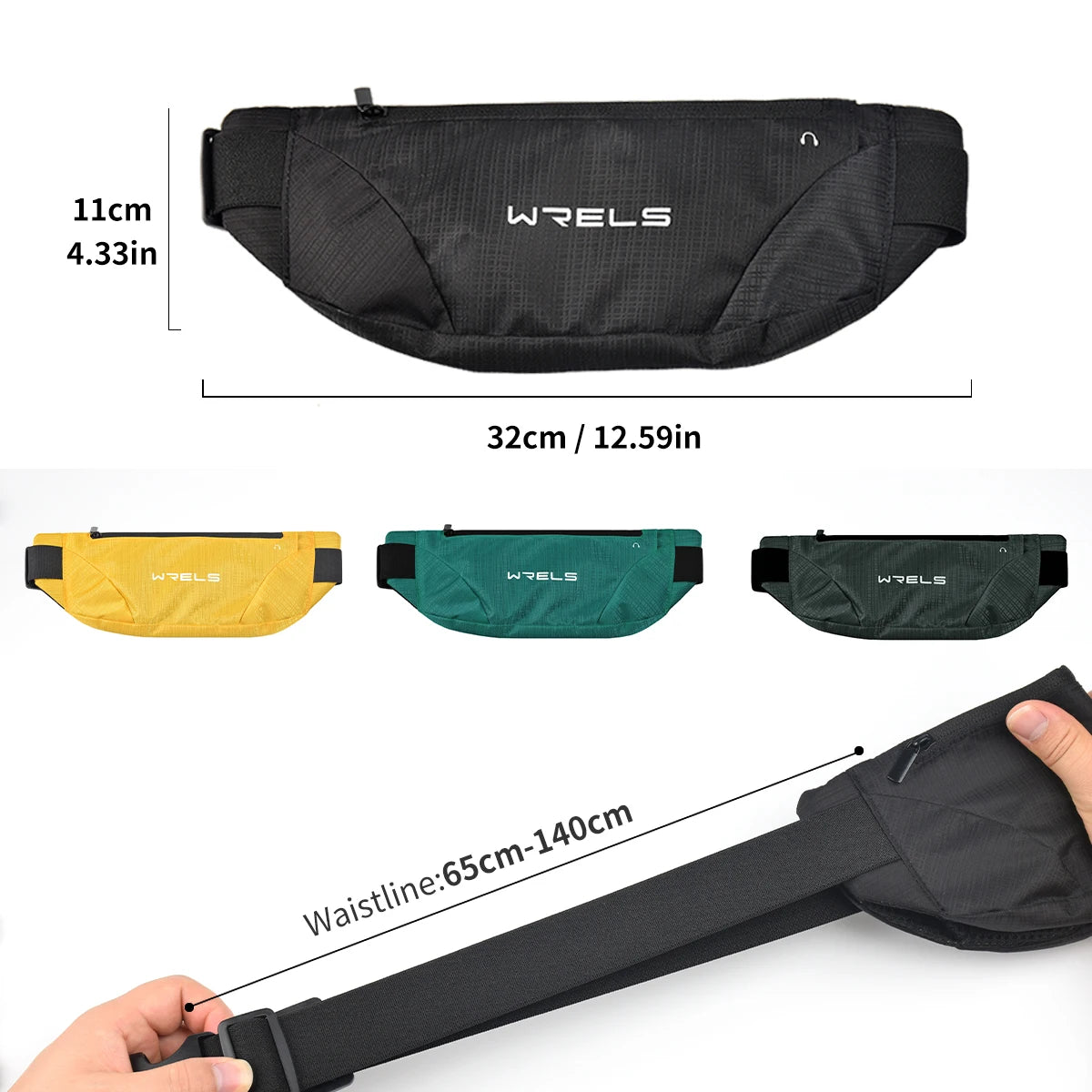 Black waist bag with measurements and color options on a white background