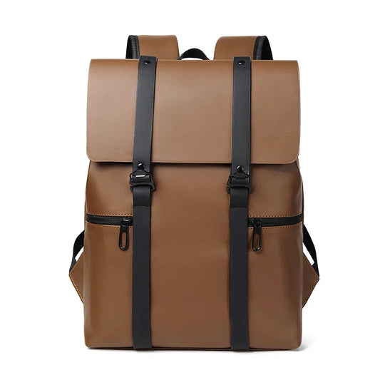 Brown backpack with black straps on a white background