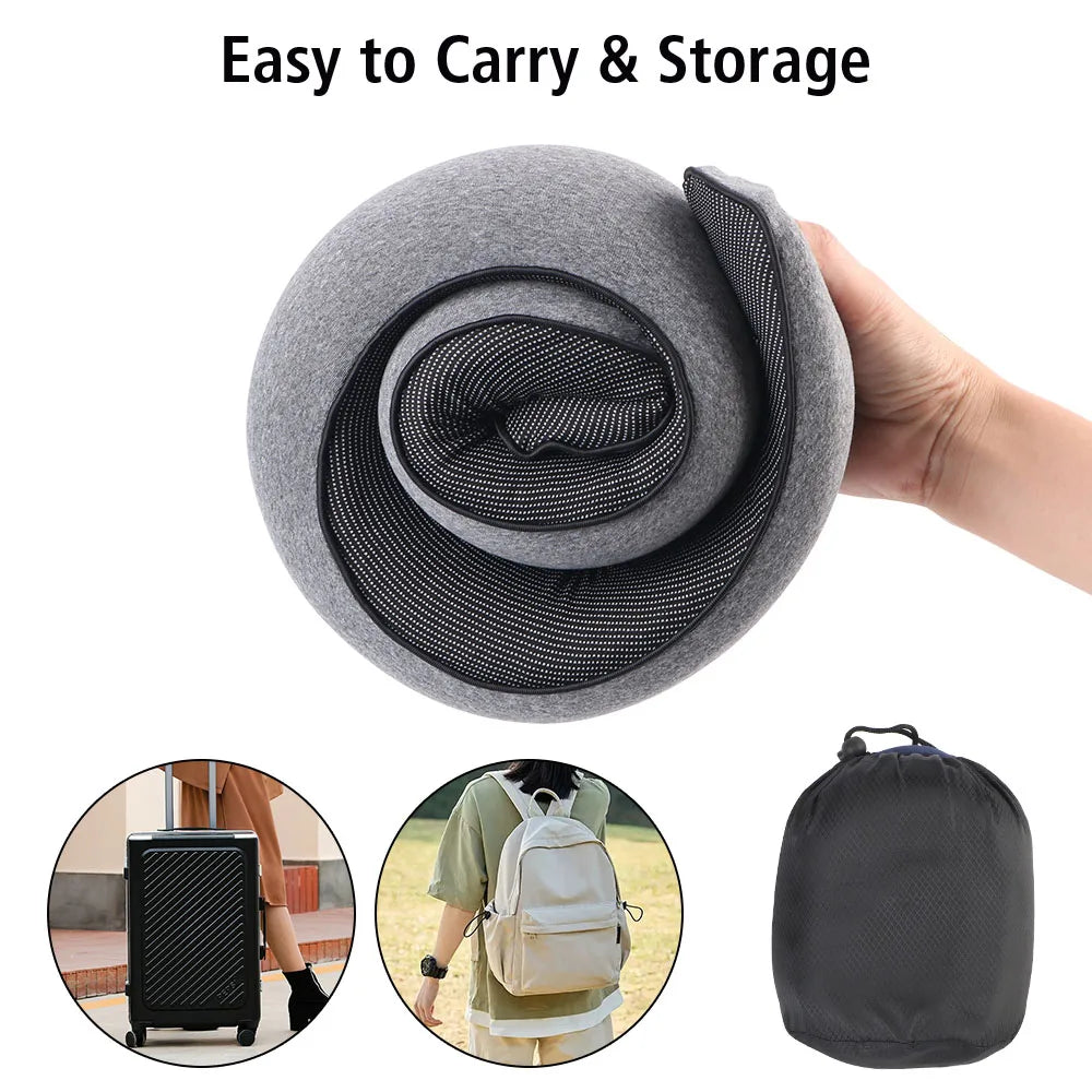 Gray travel pillow being held with images of its use on a suitcase, backpack, and folded form.