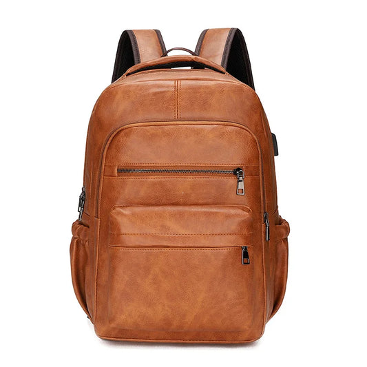 Brown leather backpack on a white background