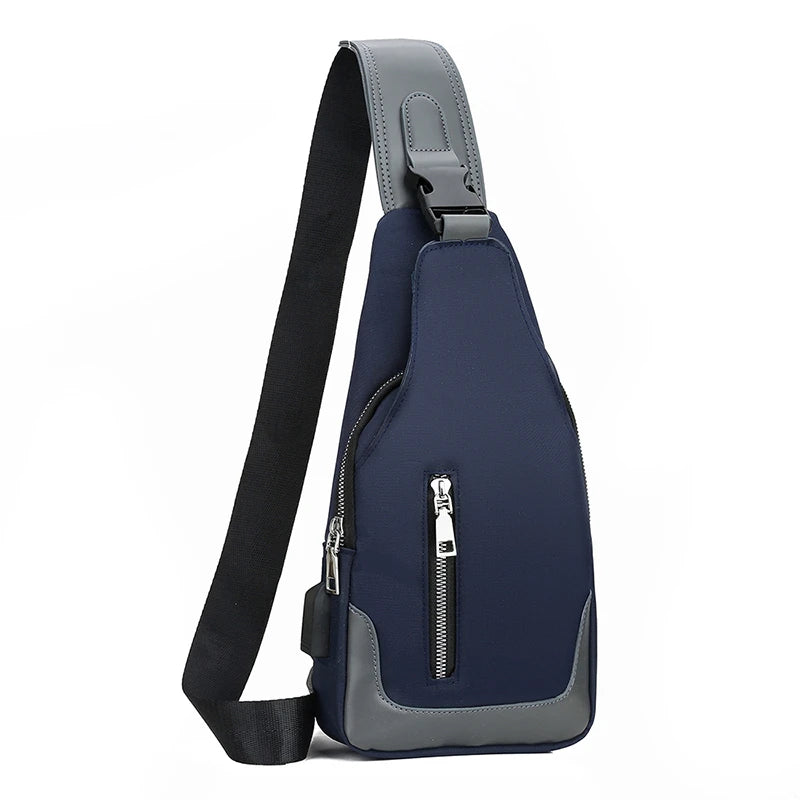 Navy blue sling bag with gray accents on a white background