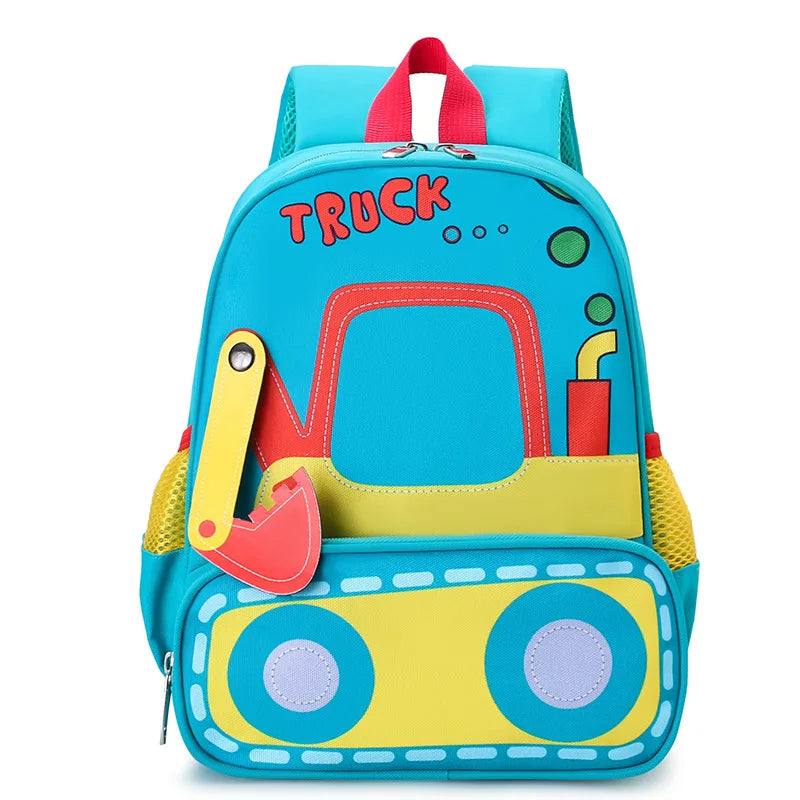 Colorful children's backpack with truck design on a white background