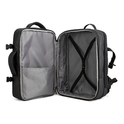Open black backpack with gray interior on a white background