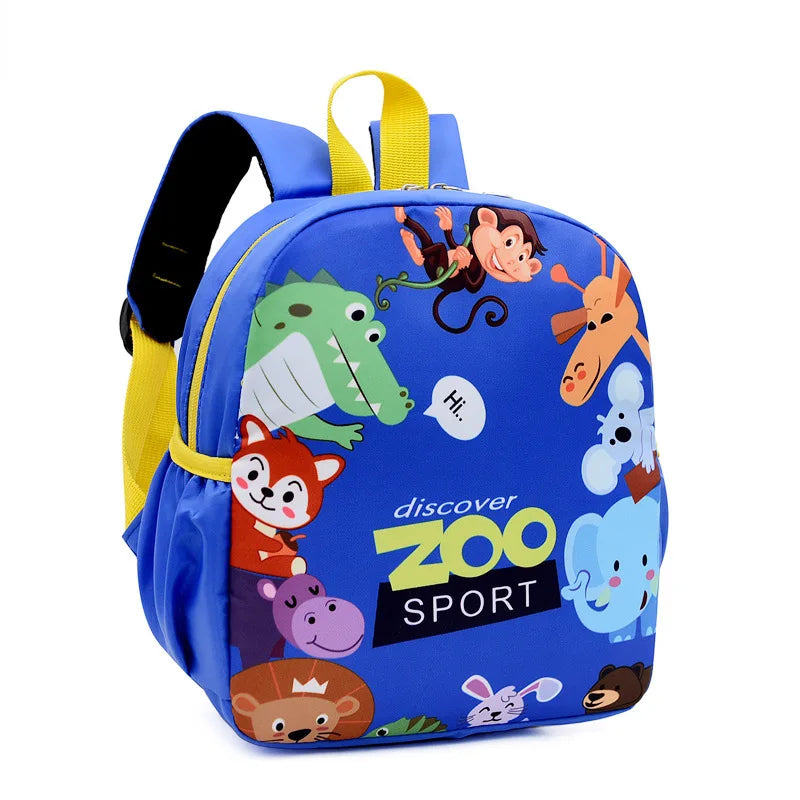 Blue children's backpack with cartoon animal designs on a white background