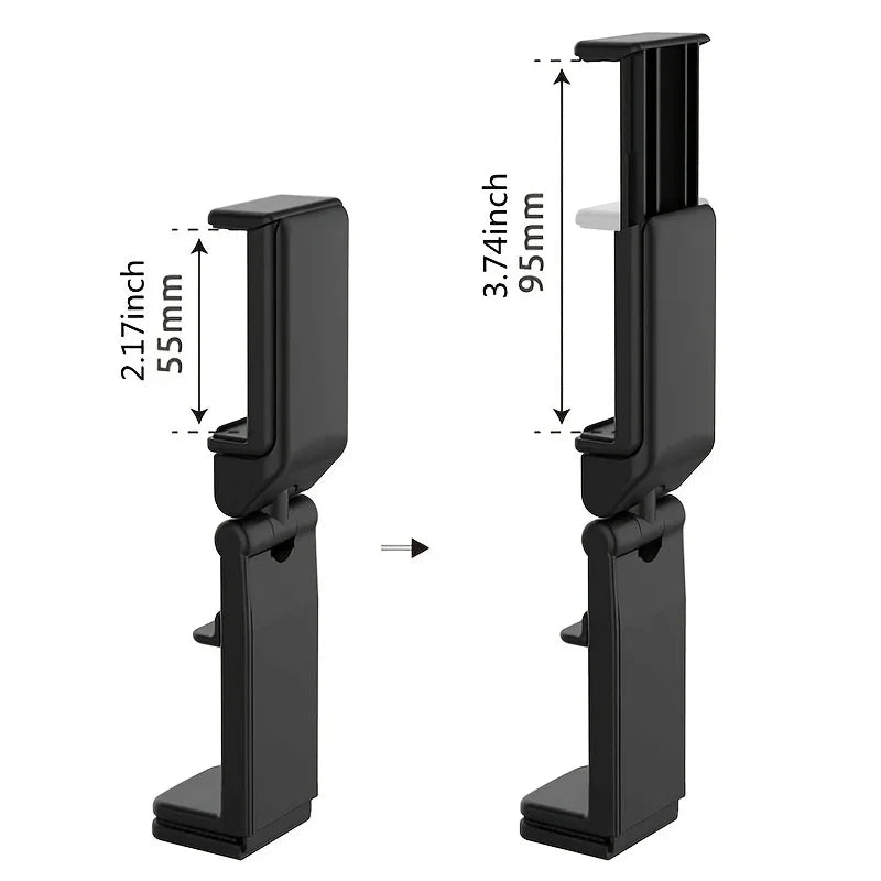 Black phone holder with measurement details on a white background