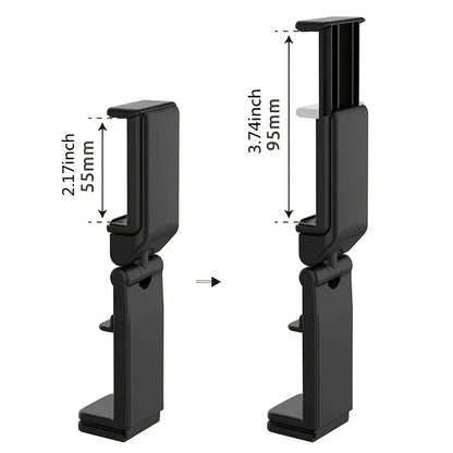 Black phone holder with measurement details on a white background