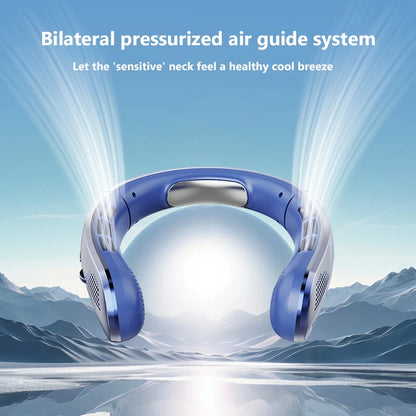 Blue neck pillow with air guidance system against a mountainous background