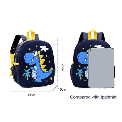 Children's backpack with dinosaur design, shown with dimensions and compared to an iPad mini.