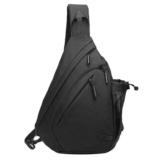 Black sling bag with multiple pockets on a white background