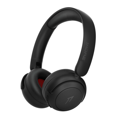 Black headphones with '1MORE' branding on a white background