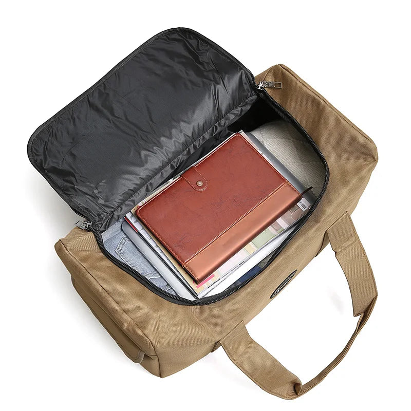 Open beige bag with a brown leather wallet and documents inside on a white background