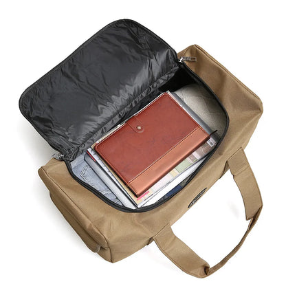 Open beige bag with a brown leather wallet and documents inside on a white background