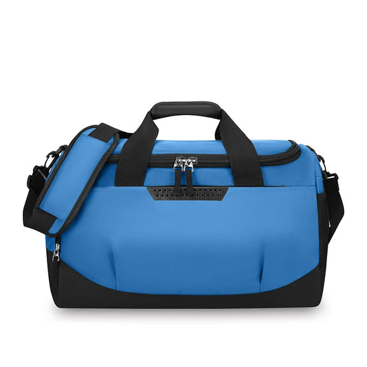 Blue duffel bag with black accents on a white background