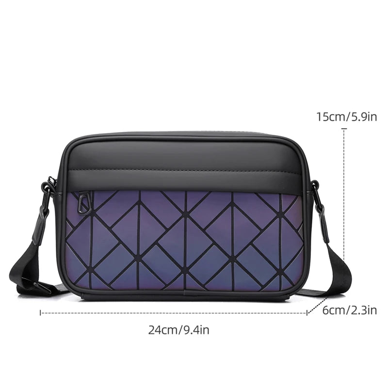 Black and purple geometric-patterned bag with measurements on a white background