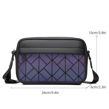 Black and purple geometric-patterned bag with measurements on a white background