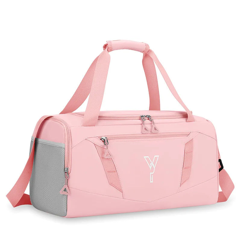 Pink duffel bag with a gray patch on a white background