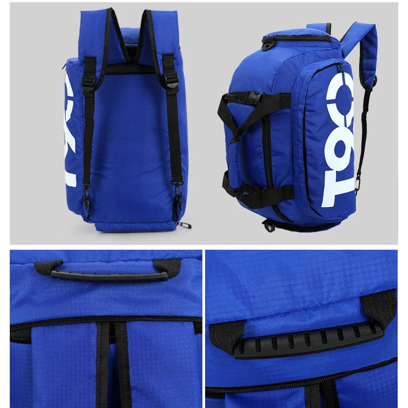 Blue backpack with black straps and a visible brand logo on a gray background