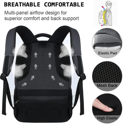 Black backpack with breathable design features and text highlighting comfort and back support.