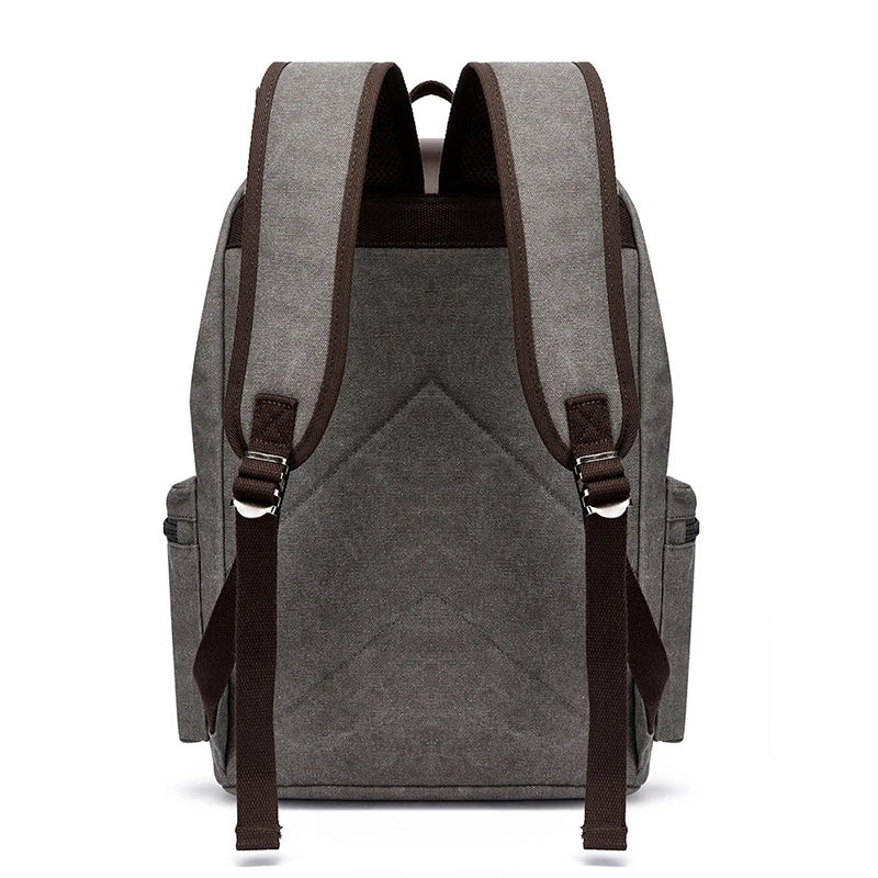 Gray backpack with brown straps on a white background