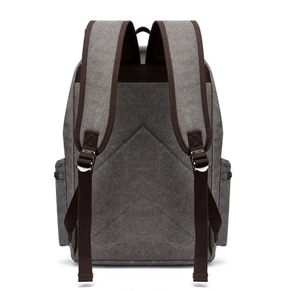 Gray backpack with brown straps on a white background
