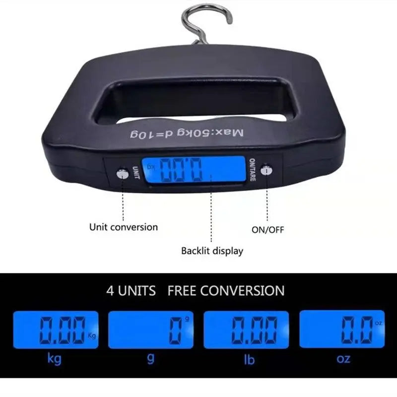 Digital hanging scale with backlight display and unit conversion features on a white background
