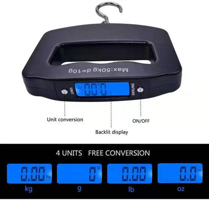 Digital hanging scale with backlight display and unit conversion features on a white background