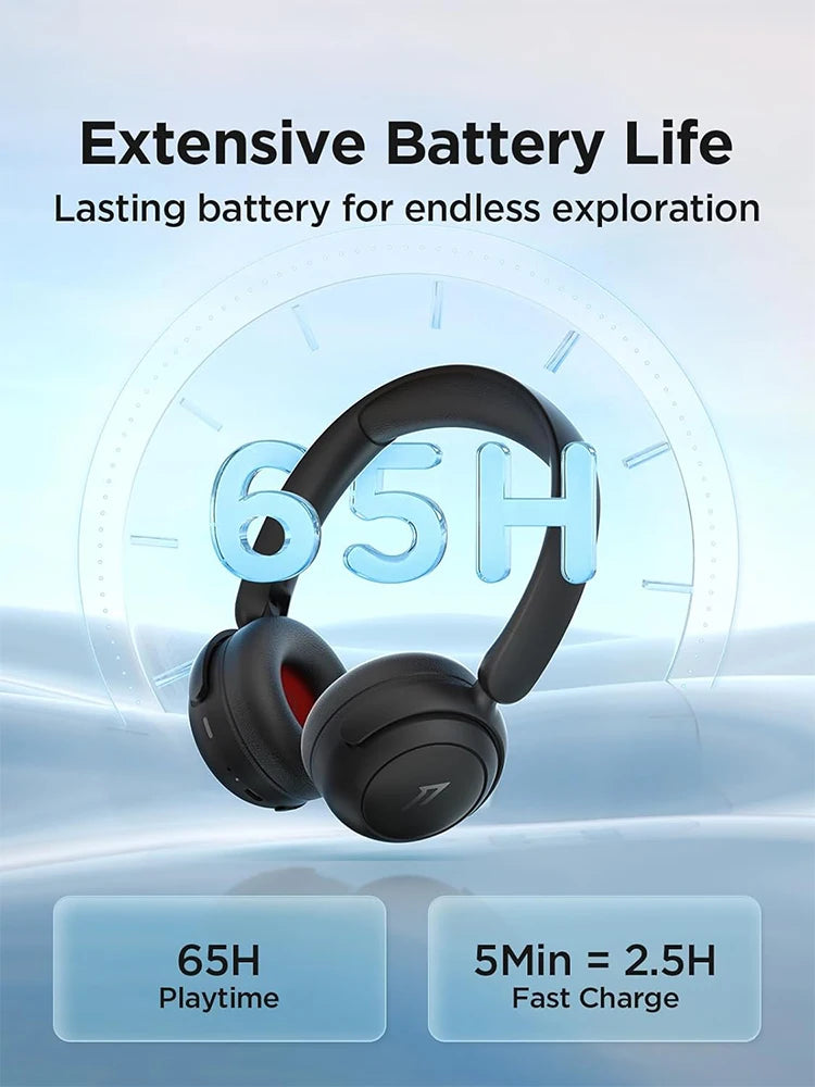 Black headphones with 65H playtime and fast charge features on a blue background