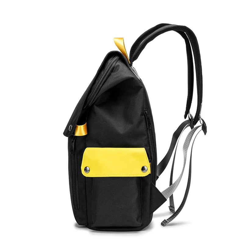 Black backpack with yellow accents on a white background