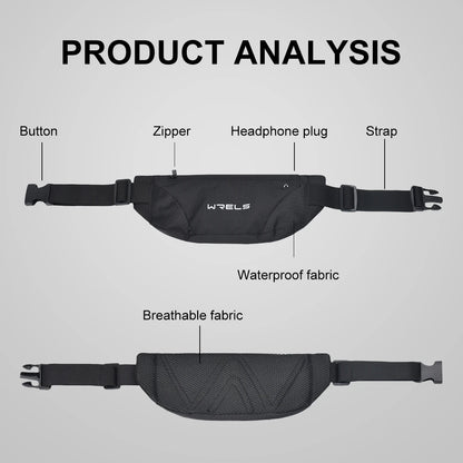 Black waist bag with labeled features on a gray background