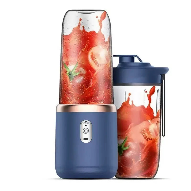 Blue portable blender with a red fruit pattern on a white background