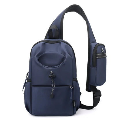 Navy blue sling bag with a strap on a white background
