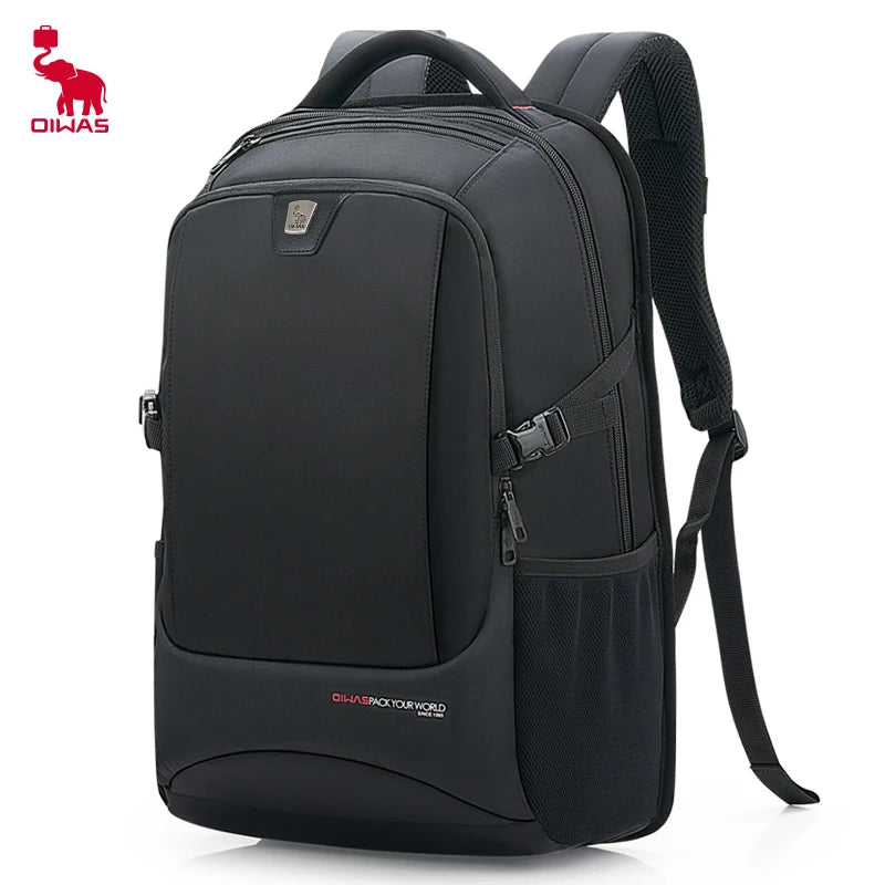 Black backpack with visible brand logo on a white background