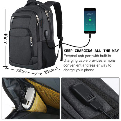Black backpack with USB charging port and smartphone illustration, showing dimensions and features.