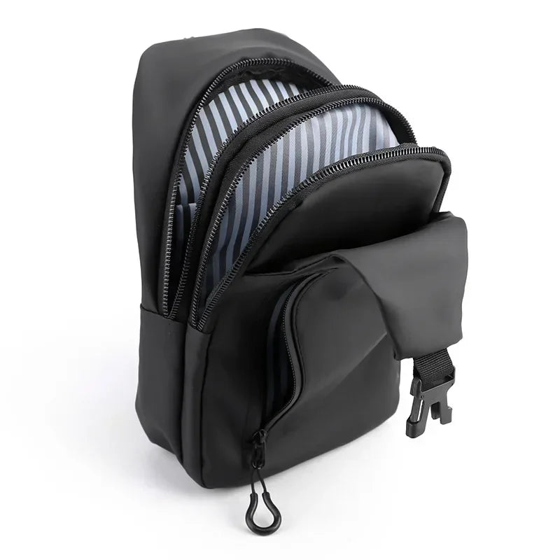 Black backpack with a striped interior on a white background