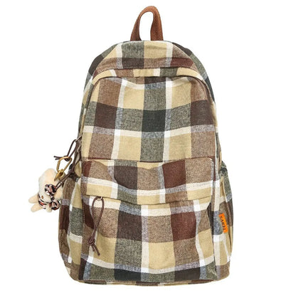 Plaid patterned backpack on a white background
