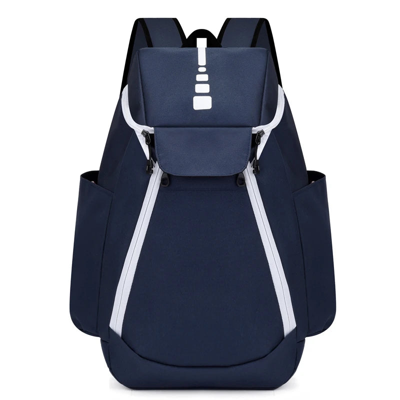 Navy blue backpack with white accents on a white background
