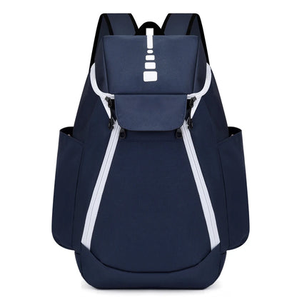 Navy blue backpack with white accents on a white background