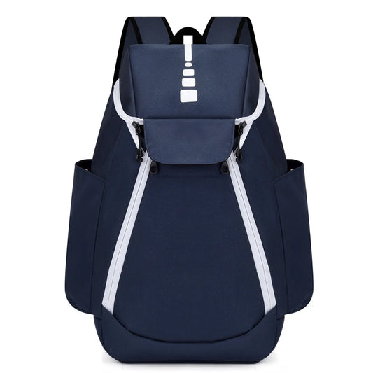 Navy blue backpack with white accents on a white background
