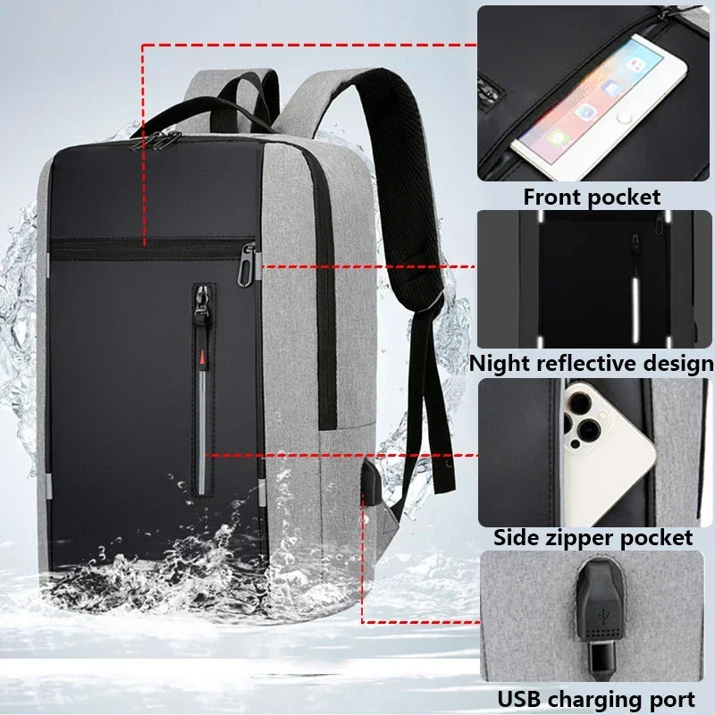 Backpack with features highlighted, including front pocket, night reflective design, side zipper pocket, and USB charging port.