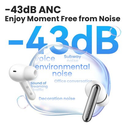 White wireless earbuds with noise cancellation feature on a white background