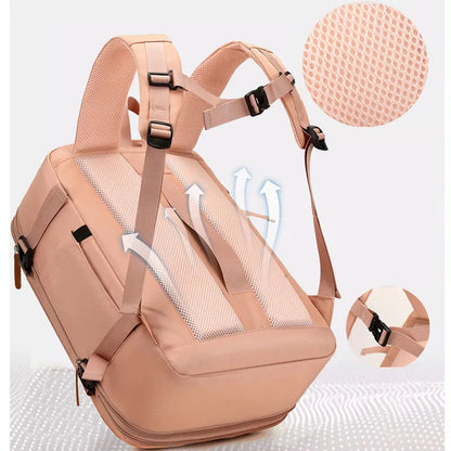 Beige backpack with mesh design and detailed view of straps on a light gray background