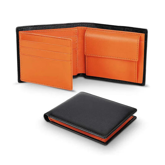 Black and orange leather wallet on a white background