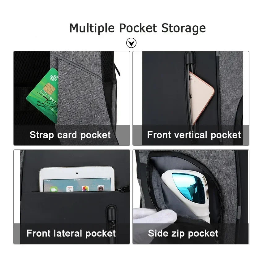Backpack with multiple pocket storage options shown in a grid layout.