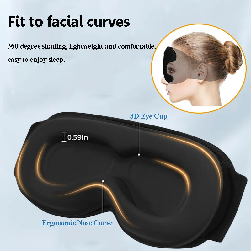Black 3D eye mask with text on a light blue background