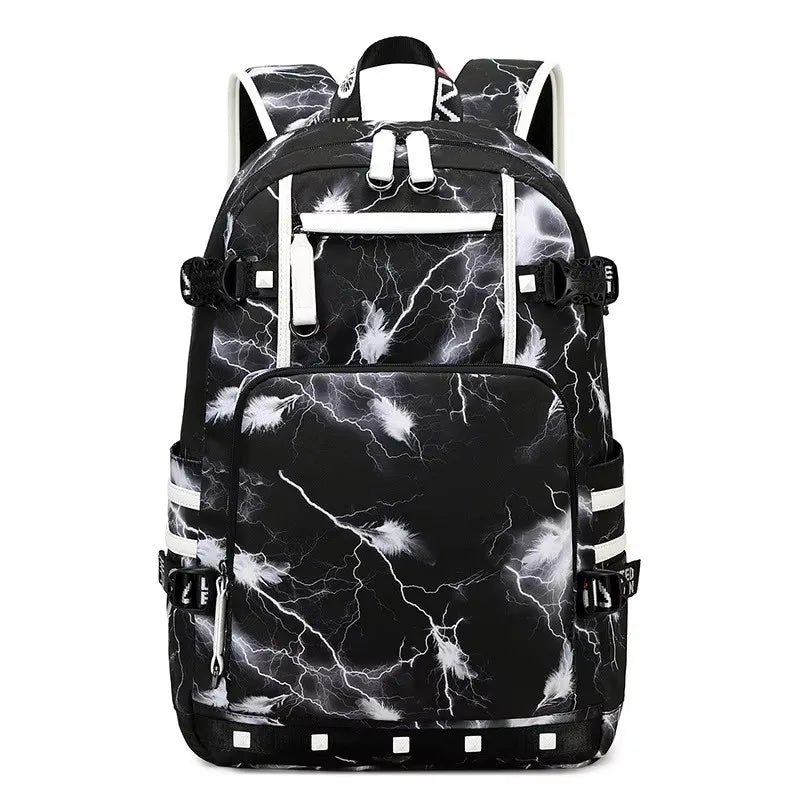 Black backpack with white lightning pattern on a white background