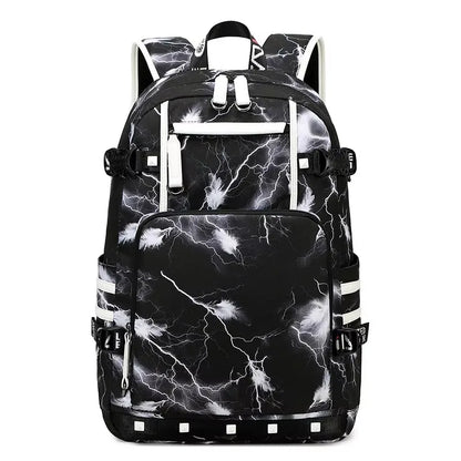 Black backpack with white lightning pattern on a white background