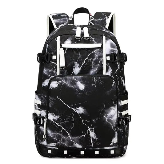 Black backpack with white lightning pattern on a white background