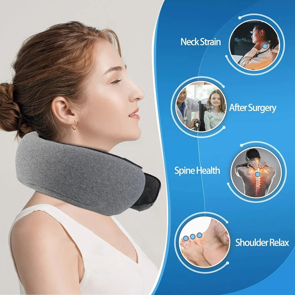 Woman wearing a neck pillow with health benefits displayed on a blue background