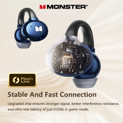 Monster wireless earbuds with electronic components on a beige background